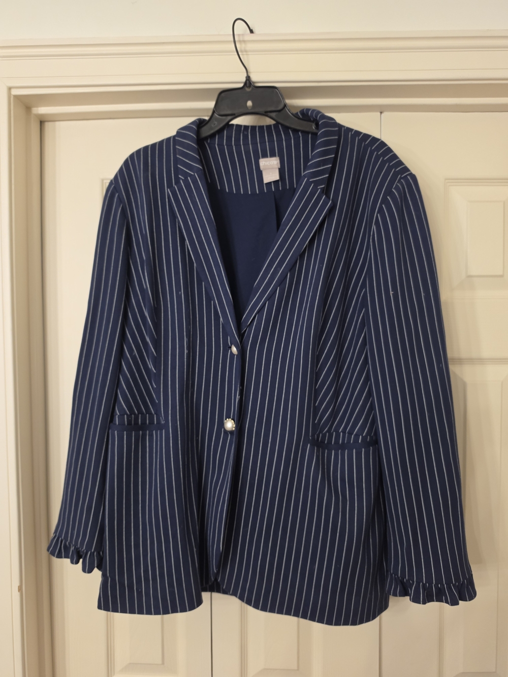 Chico's Navy and White Pinstripe Blazer with Ruffle Cuffs